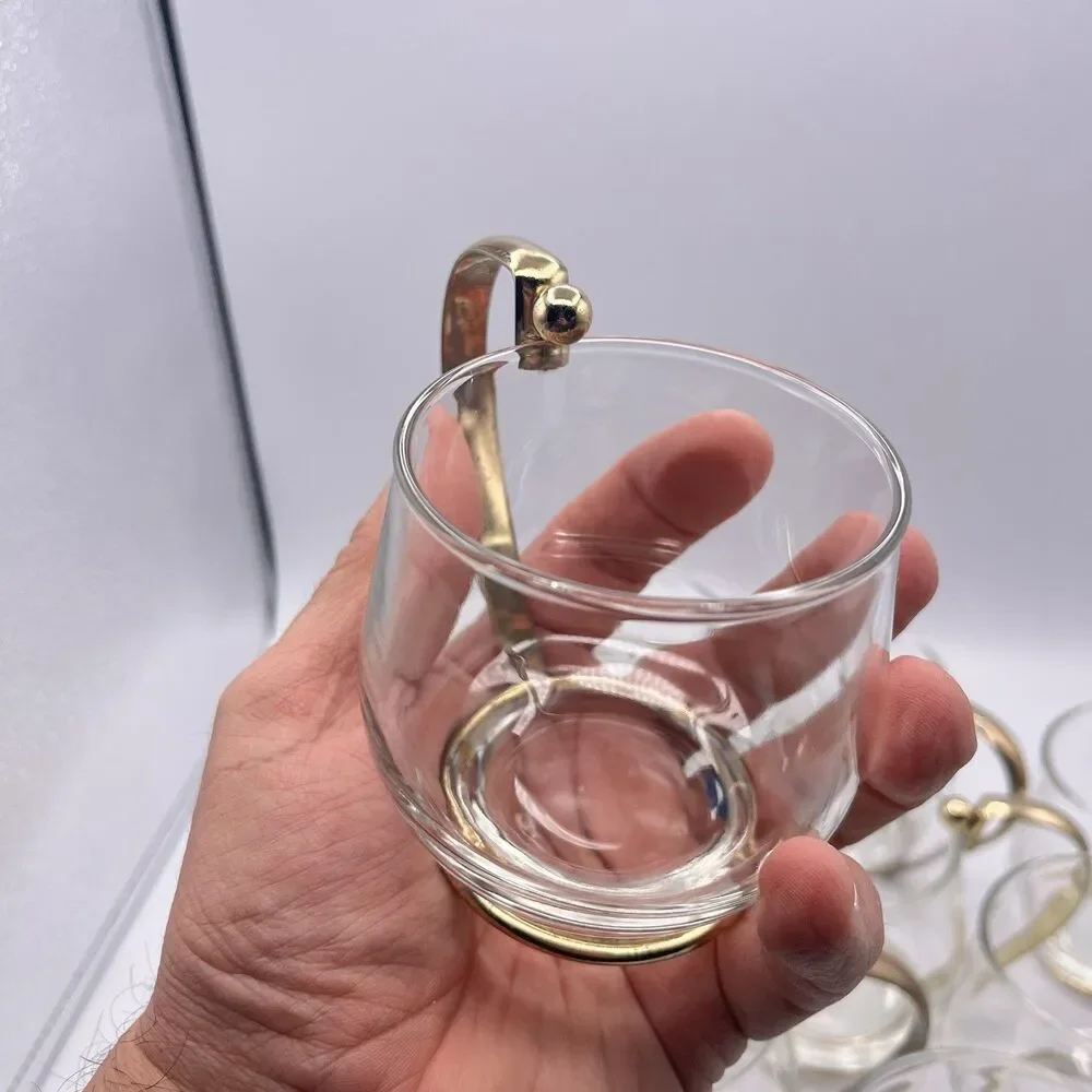 11 Vintage Brass Handled Glass Mugs Mid Century Modern Bar Ware
